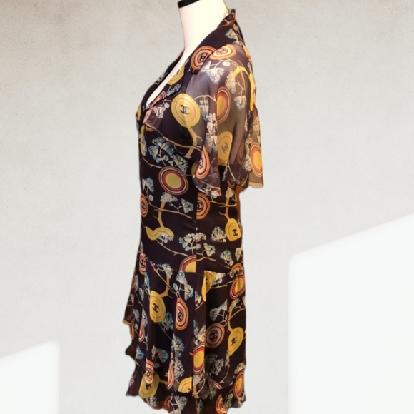 CHANEL @ PARIS |2001 Spring Runway Chinoiserie Silk Chiffon CC Logo Print Dress - Picture 5 of 16